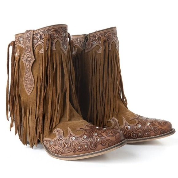 Myra Brown Suede Fringe Western Boots Tooled Leather Rhinestone Size 11 NWT